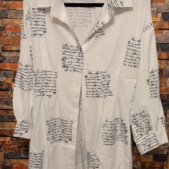 Cursive Newspaper Pattern Design Mini Long Sleeve Casual Shirt Dress,  (S-2XL) - Picture 9 of 9